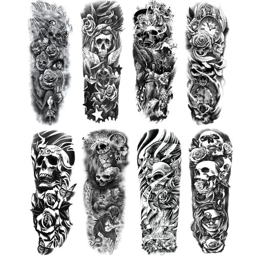 Skull Sleeve Tattoo Stickers Fake Black Skull Full Arm Temporary Tattoos Sleeves for Adult Kids Women Makeup, 8-Sheet