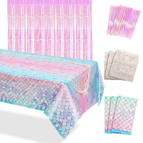 Baderke 8 Pcs Mermaid Party Decoration Set Party Supplies Disposable Plastic Tablecloths Cotton Fishnet Tinsel Foil Fringe Curtains Under the Sea Birthday Party Decoration for Girl Boy(Classic Color)