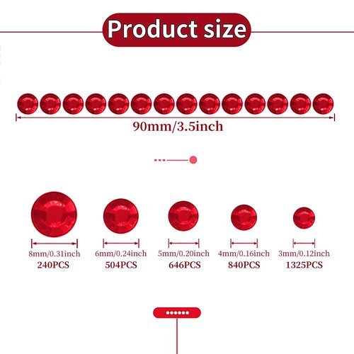 3555Pcs Gems Stickers for Kids Crafts, Self Adhesive Rhinestone Stickers for Hair Face Body Makeup, Bling Stick on Jewels Stickers Decorative Diamond DIY Craft 5 Sizes 3/4/5/6/8 mm(Red)