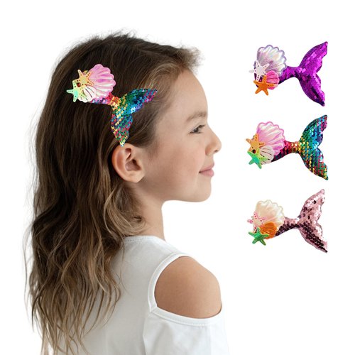 Summer Crystal Sparkling Sequins Mermaid Tail with Starry Shell Hair Clips For Girls - Stylish Hair Accessories for Everyday, Birthday and Parties (3Pcs Mermaid Tail BFV)