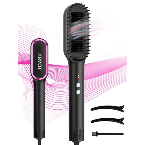 Hair Straightener Brush, 2024 Latest Ceramic Straightening Comb for All Hair Types | Dual Voltage, Airflow, Anti Scald Shell, 30s Fast Heat Up, Auto Power Off | Black, by ABVOT