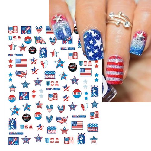 IDDFEVE 12 Sheets 4th of July Nail Stickers, Independence Day Patriotic Nail Decals, 3D Design Self-Adhesive USA Flag Star Nail Art
