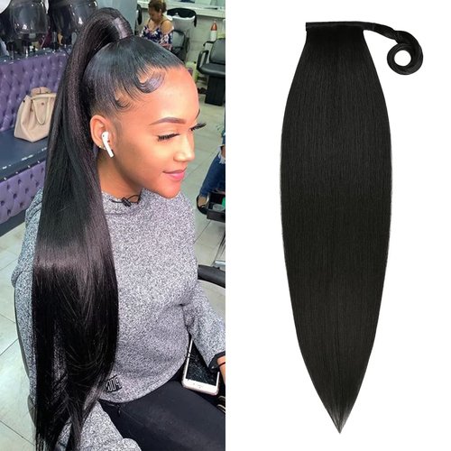 Instant Glitz 32 Inch Long Straight Ponytail Hair Extensions for Black Women Wrap Around Heat Resistant Synthetic Hair Piece (32 Inch (Pack of 1), 1B-Off Black)