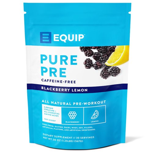 Equip Foods Pure Pre All Natural Pre-Workout Powder | Caffeine Free, EAA, Vitamin C, B6, B12, L-carnitine, Agnine | Naturally Boosts Workouts | 30 Servings, BlackBerry Lemon Decaffeinated