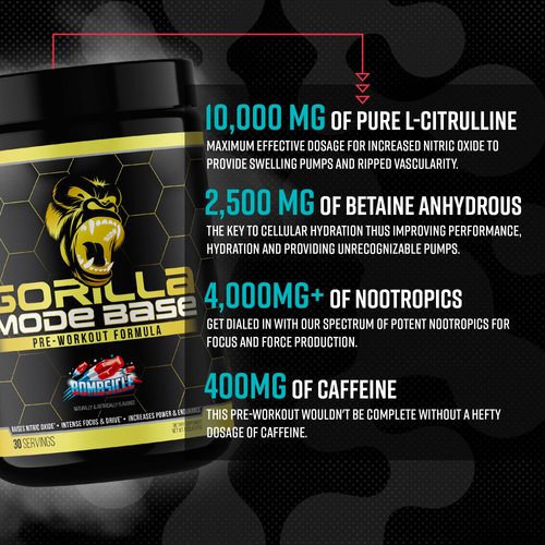 Gorilla Mode Base Pre Workout - Raises Nitric Oxide · Intense Focus & Drive · Endurance · Power - L-Citrulline, L-Tyrosine, Betaine, Alpha-GPC, Caffeine, Huperzine A - 360 Grams (Blue Raspberry)