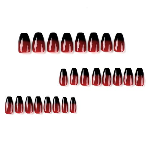 DOCVOEOMH Ombre Red Black Press on Nails Short Medium Coffin Acrylic Fake Nails with Simple Design Glue on Glossy Full Cover Artificial Gel False Stick on Nail for Girls Women Wedding Manicure 24Pcs