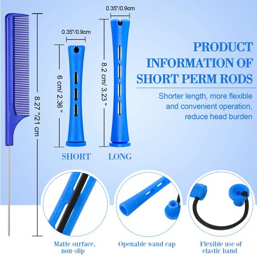 48 Pieces Hair Perm Rods Short Cold Wave Rods Plastic Perming Rods Hair Curling Rollers Curlers with Steel Pintail Comb Rat Tail Comb for Hairdressing Styling Supplies (0.35 Inch, Blue and Dark Blue)
