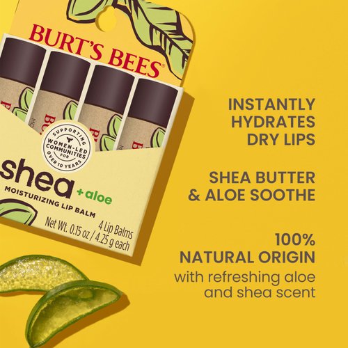 Burt's Bees Shea + Aloe Lip Balm Stocking Stuffers Christmas Gifts, Antioxidant Vitamin Rich Formula Locks in Moisture for Instant Hydration, Natural Smoothing Lip Treatment for After Sun Care(4-Pack)