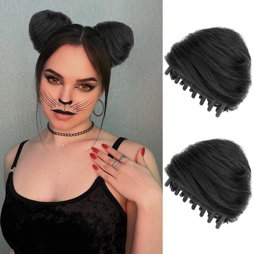 Ncozwo 2 Pcs Cat Ears Bun Hairpieces Claw Clip Cat Ears Hair Donut Natural Black Messy Bun Hair Pieces Curly Synthetic Space Hair Extensions Wig Accessory Ponytail for Women