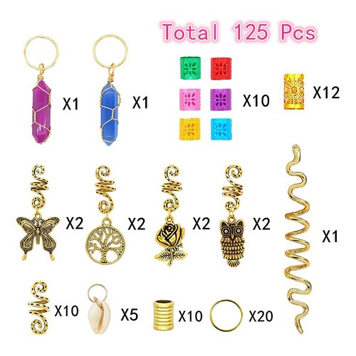 125 Pcs Dreadlocks Loc Hair Jewelry for Women Braids Hair, Crystal Gemstone Pendant Hair Accessories, Gold and Colorful Hair Rings for Braids, Cute Hair Pendants Butterfly Rose Shell and Snake