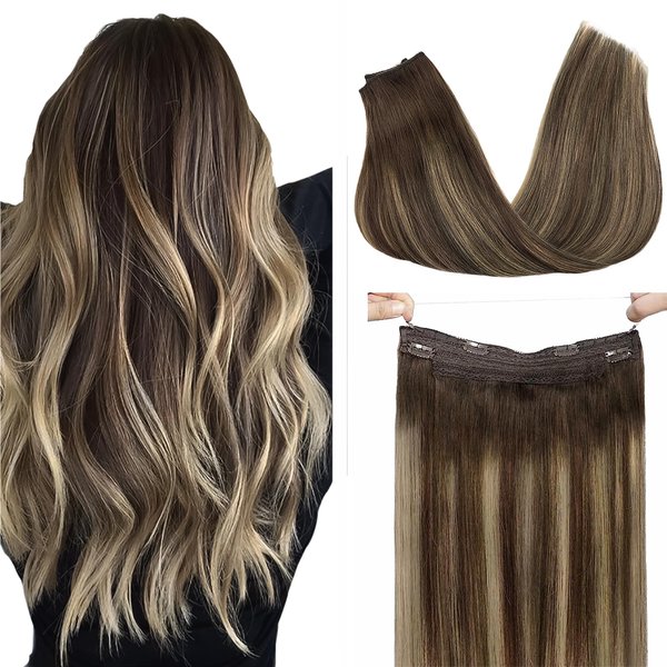 GOO GOO Wire Hair Extensions Human Hair, 4/26/4 Chocolate Brown with Honey Blonde Balayage 12inch 70g, Invisible Wire Hair Extensions with Transparent, Seamless Fish Line Hairpiece