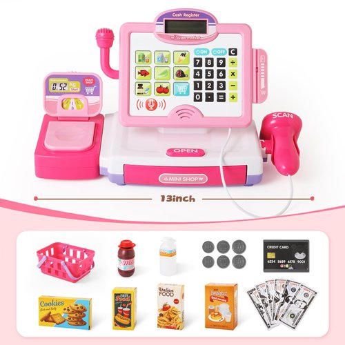 Pretend Play Calculator Cash Register Toy Gift for Kids Girls Age 3, 4, 5, 6, 7, 8+ Year Old, 57 Pcs Pink Grocery Store Playset, Incl Microphone, Credit Card, Scanner, Fake Food, Play Money for Kids