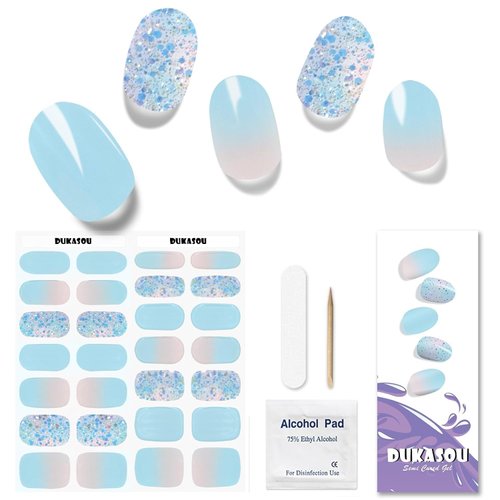 DUKASOU Semi Cured Gel Nail Strips, 28 pcs Gel Nail Strips Work with Any UV Lamp, Long Lasting Gel Nail Stickers Full Nail Wraps, Salon Quality, Easy to Apply（Summer Blue)