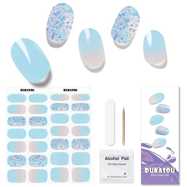 DUKASOU Semi Cured Gel Nail Strips, 28 pcs Gel Nail Strips Work with Any UV Lamp, Long Lasting Gel Nail Stickers Full Nail Wraps, Salon Quality, Easy to Apply（Summer Blue)