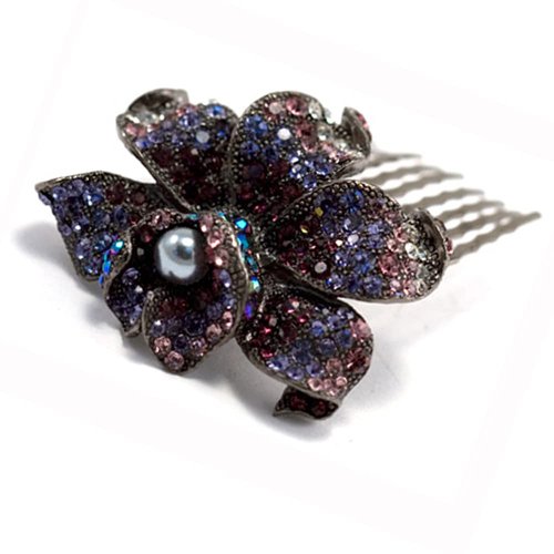 Medium Decorative Hair Comb Rhinestone Crystal Rose Simulated Pearl Bridal Hair Comb, Puple