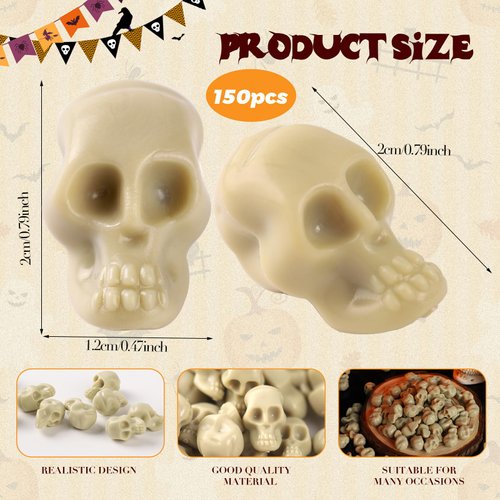 OZIO 150Pcs Halloween Mini Plastic Skull Heads, Miniature Figurines Skulls Heads Ornamets Halloween Decorations for DIY Halloween Crafts Home Prank Props Party Favors