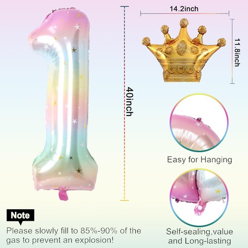 Stars Rainbow Gradient Number 1 Balloon,40 Inch Giant Number Balloon & Mini Crown Balloon for Birthday Party Decorations,Girl 1st Birthday Party Decorations,Foil Mylar Birthday Digital Balloon