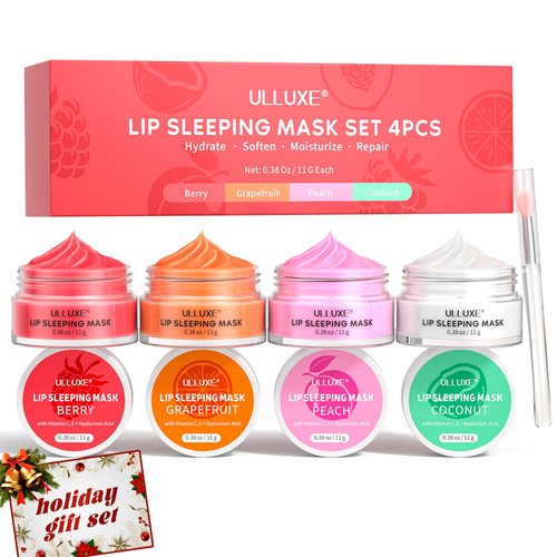 Lip Sleeping Mask Set 4 Piece, Overnight Lip Mask with Vitamin C, Hyaluronic Acid for Nourishing and Hydrating, Lip Balm for Flaky, Dry Lips, Moisturizing Sleeping Lip Butter, Gift Set for Women