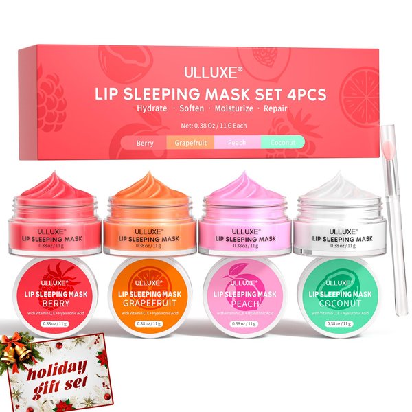 Lip Sleeping Mask Set 4 Piece, Overnight Lip Mask with Vitamin C, Hyaluronic Acid for Nourishing and Hydrating, Lip Balm for Flaky, Dry Lips, Moisturizing Sleeping Lip Butter, Gift Set for Women