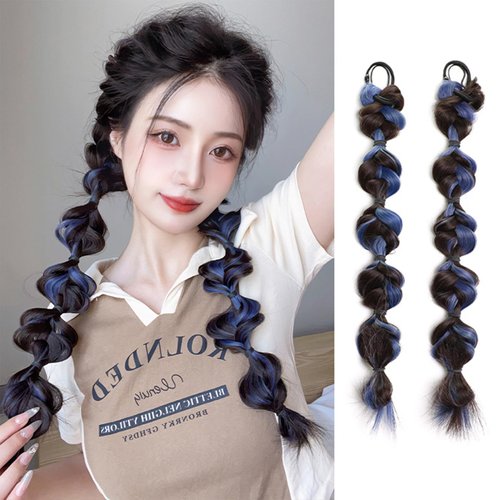 auwiyd 2 Packs Black and Blue Long Braided Ponytail Wigs Extension Synthetic Braided Double Ponytails with Hair Tie Rubber Band for Women Girls Synthetic Wigs Hair Accessories