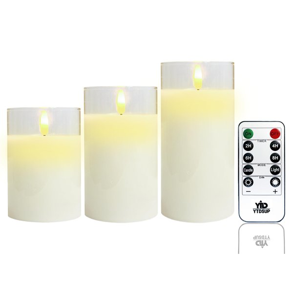 YTDSUP LED Flameless Candles Set of 3, Battery Operated Glass Candles with Remote and Timer, Flickering Real Wax Candles Light for Festival Wedding Home Party, Upgraded Version (D3 xH 4" 5" 6"-White)