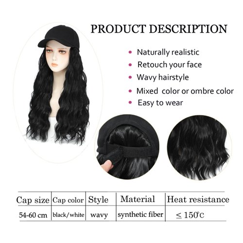 Yunkang Baseball Cap Wig Natural Wave Hair Extensions With Hat Heat Resistant Synthetic Adjustable Wig Black cap wigs for Women Girls (B-1B)
