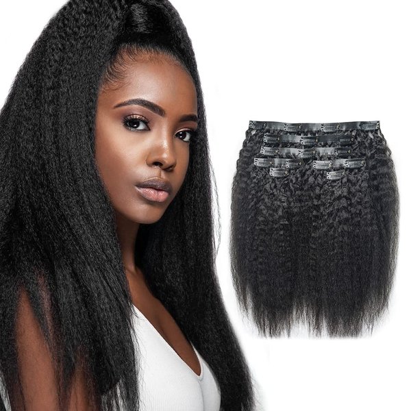 Niawigs Kinky Straight Seamless Clip Ins for Black Women Human Hair Clip In Hair Extensions Real Human Hair PU Invisible Clip On Hair Extensions 7pcs Set 22 Inch 130 Grams