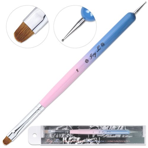 Ivy-L Premium 2 Way French Gel Acrylic Nail Art Kolinsky Brush With Dotting Tool for Professional Manicure Cuticle Clean Up Nail Art Design, Pink Blue Wood Handle (Size 8)