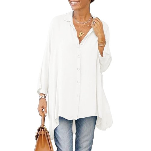 Aoysky Womens Oversized T Shirts Button Down Long Sleeve Shirt V Neck Collar Loose Flowy Blouse White