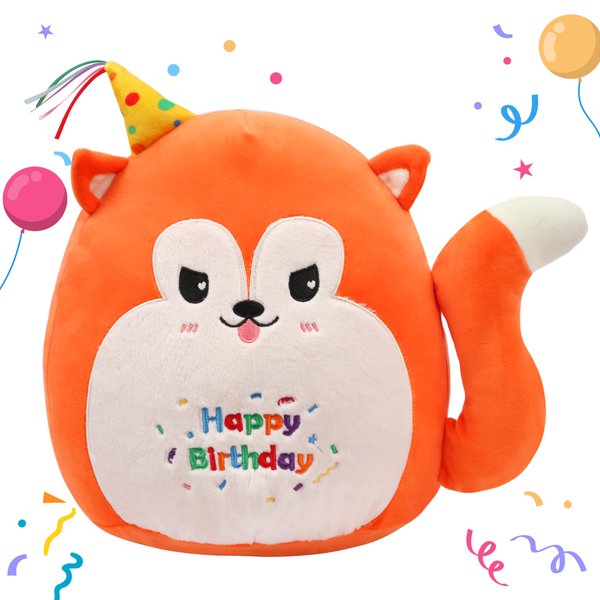 Easfan 12’’ Birthday Fox Plush Pillow Soft Fox Plush Toy Cute Fox Stuffed Animal Home Room Decoration Birthday Gifts for Kids Adults, Orange