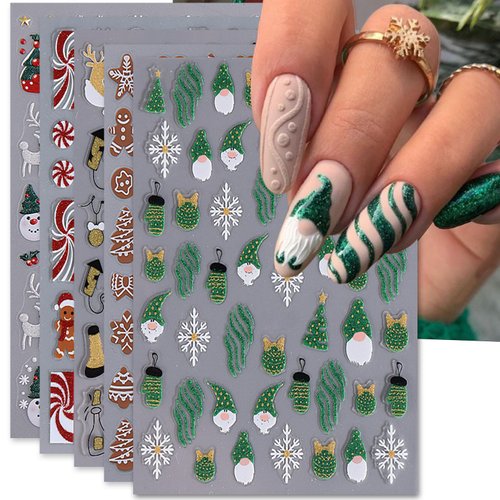 IDDFEVE Christmas Nail Art Stickers, Self-Adhesive Green Santa Hat Snowflake Elk Xmas Tree Design for Holiday Nail Decals, Pegatinas Uñas Navidad DIY Decorations (6 Sheets)