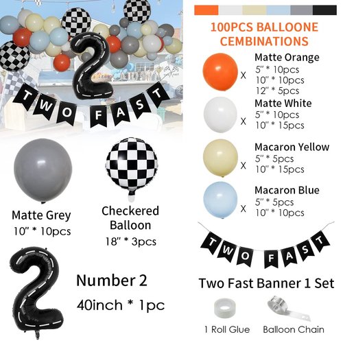 DEAPEICK Race Car Balloon Arch Kit Birthday Party Decorations for Boys Fast Racecar Party Supplies Happy Birthday 2 Decorations Number Balloons Garland Kit for Party Decor 98pcs