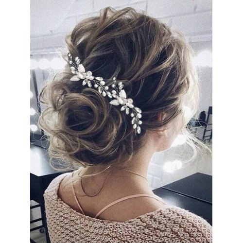 Heread Crystal Bride Wedding Hair Pins Silver Pearl Bridal Hair Pieces Leaf Head Piece Hair Accessories for Women and Girls (Pack of 2)