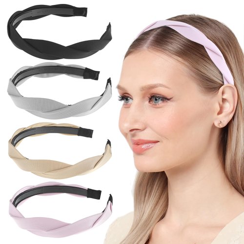 Tyqour 4 Pieces Braided Headbands for Women, Wide Braided Headband with Teeth, Braided Fabric Headbands, Fashionable Vintage Headbands, Non-Slip Headband for Women and Girls