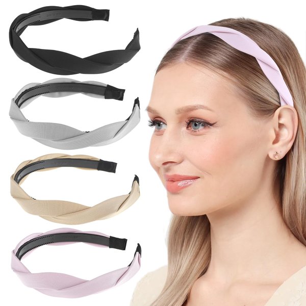 Tyqour 4 Pieces Braided Headbands for Women, Wide Braided Headband with Teeth, Braided Fabric Headbands, Fashionable Vintage Headbands, Non-Slip Headband for Women and Girls