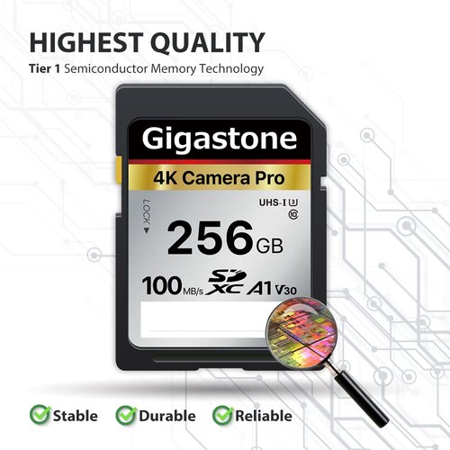 Gigastone 256GB SDXC Memory Card 4K Pro Series Transfer Speed Up to 100MB/s Compatible with Canon Nikon Sony Camcorder, A1 V30 UHS-I Class 10 for 4K UHD Video