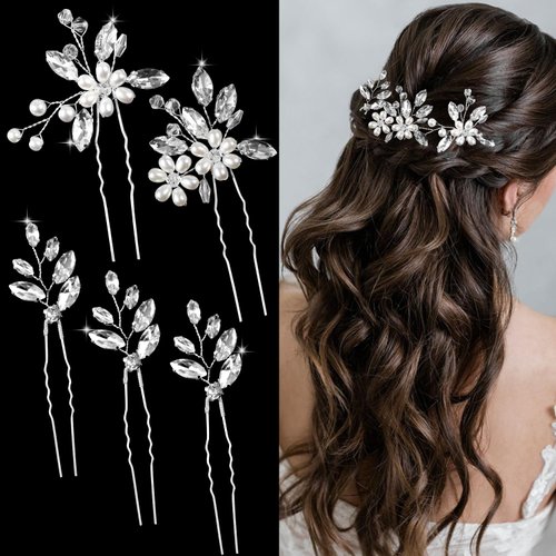 5 Pieces Bride Hair Pins Rhinestones Hair Accessories for Women Crystal Wedding Hair Piece for Bride Women Girls Bridesmaids (Silver)