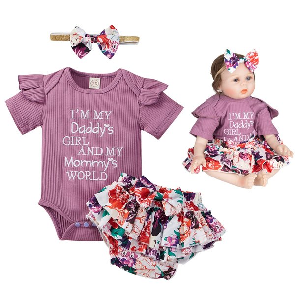 Reborn Doll Clothes 22 inch Baby Girl Outfit Accessories Purple Floral Pattern 3pcs Set for 22-24 Inch Reborn Toddler Doll Newborn