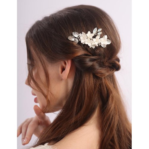Rumtock Opal Crystal Silver Leaves White Flower Hair Comb Earrings Set for Women Wedding Bridal Handmade Jewelry Set