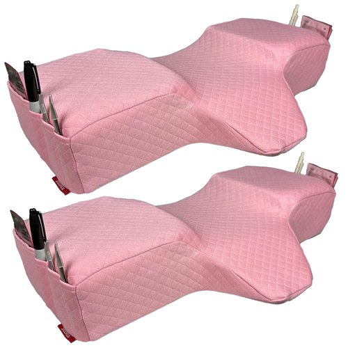 XOLLOZ Pillow for Eyelash Extensions (2 Pillows Bundle) - Curved Memory Foam Lash Bed Pillow with Neck & Back Support, Perfect Pillow for Eyelash Extensions, Two Pockets for Tools On The Sides (Pink)