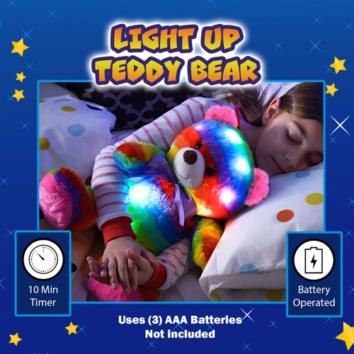 The Noodley Light Up Rainbow Teddy Bear Stuffed Animal LED Plush Night Light Sleep Toy for Girls Birthday (16 inch)