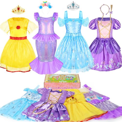 Chillife Princess Dress Up for Girls, Mermaid Princess Costume with Headbands Crown Role Play Toddler Costume Toys Christmas Birthday Gift for Girls Age 3 4 5 6 Years