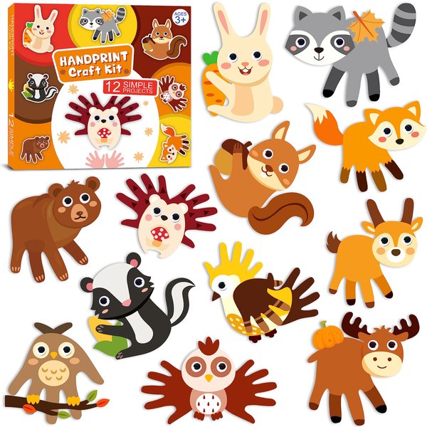 WATINC 12Pcs Woodland Animal Handprint Art Craft, Rabbit Hedgehog Owl Easy DIY Kit, Forest Animals Themed Arts Supplies Preschool Classroom Hand Print Christmas Activity Party Favors