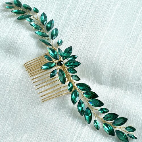Leaf Shape Bride Wedding Hair Comb Elegant Crystal Headpiece Bridal Handmade Hair Accessories 7.9" x 0.8" for Women Girls, Green