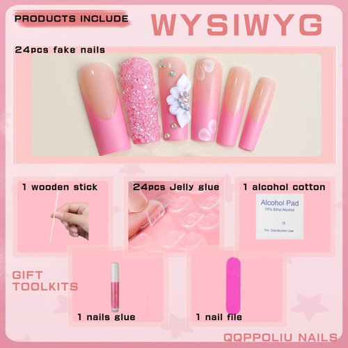 QQPPOLIU Fake Figernails Extra Long Nails French Tip Pink Press on Nails Long Square with Flower and Rhinestones and Glitter Designs Artificial Nails Coffin Nails for Girls 24pcs