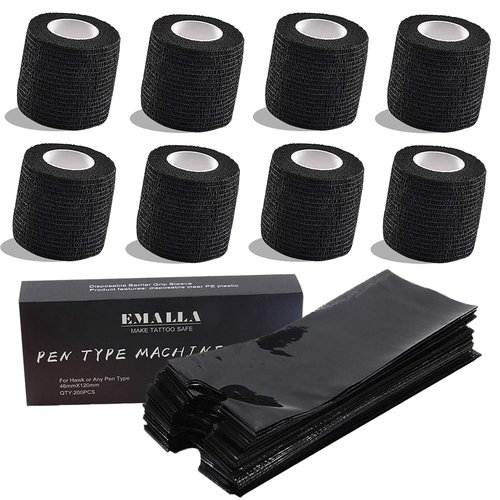 Tattoo Pen Covers with Tattoo Grip Tape Wrap Covers - TONBAO 200PCS Plastic Machine Pen Sleeves with 8pcs 2" x 5 Yards Tattoo Grip Tape Tattoo Machine Covers