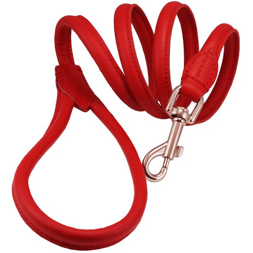 Dogs My Love 4ft Long Round Genuine Rolled Leather Dog Leash Red (Small: 3/8" (8mm))