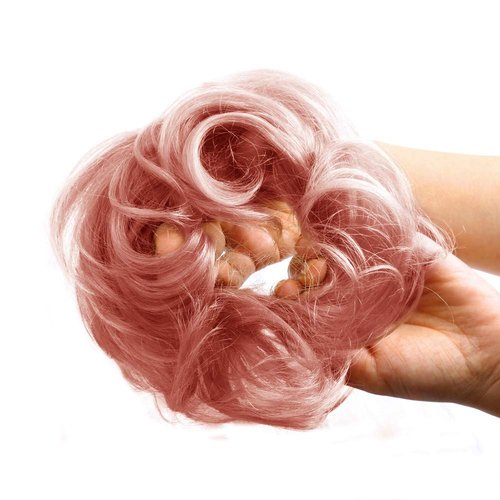 Bella Hair 100% Real Human Hair Scrunchie Messy Bun Hair Piece for Women Wavy Curly Up-Do Chignon Extensions (#Rose Gold/Golden Pink)