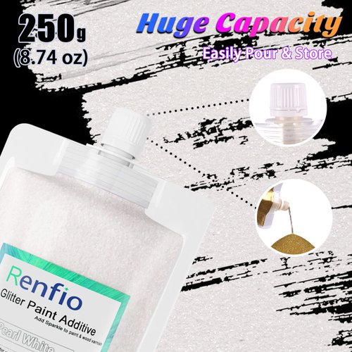 Renfio Glitter Paint Additive, 8.75oz 250g Ultra Fine Glitters Crystal 1/128" 0.008" 0.2mm Glitter Paint for Acrylic Emulsion, Interior Exterior Wall Ceiling Wood Varnish - Pearl White