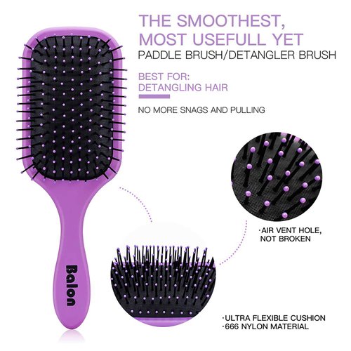 4Pcs Detangling Hair Brush Set for Women - Paddle Brush for Wet or Dry, No More Tangles for Straight, Long, Thick, Curly, and Natural Hair (Purple)